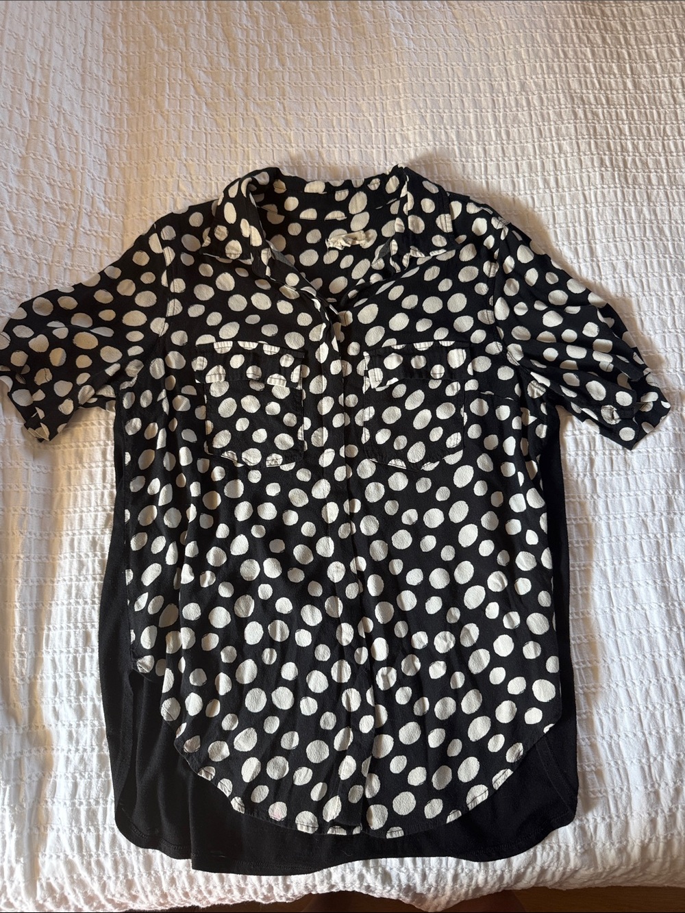 Oversized Black & White Polka Dot Button-Down Shirt — Short Sleeve Women’s Top